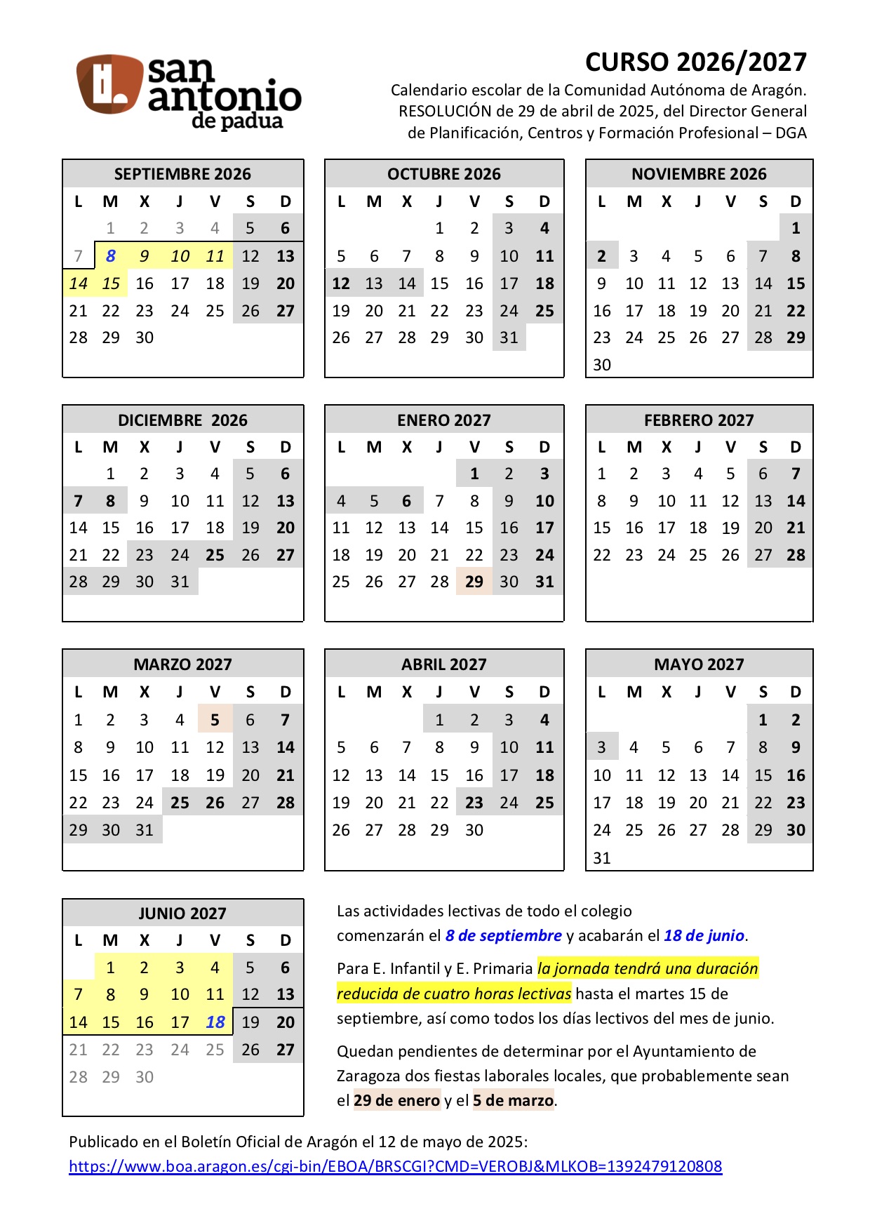 Calendario Escolar 2026-2027